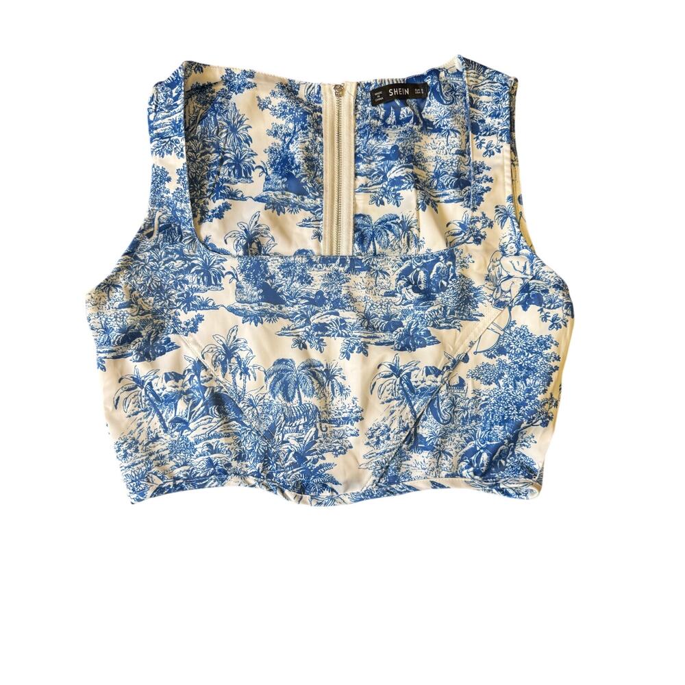 shein corset style top blue cherub design full zip back womens small